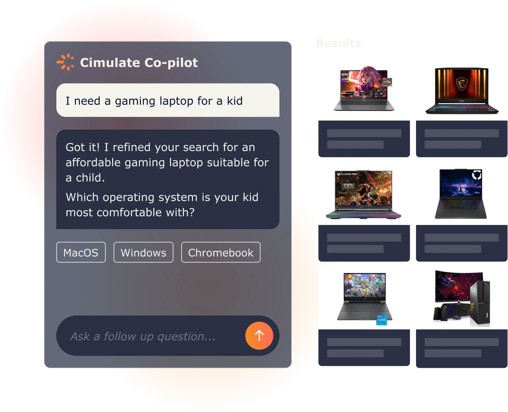 image showing AI co-pilot conversation with shopper searching with "I need a gaming laptop for a kid"