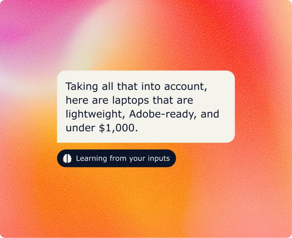 Co-pilot recognizes the shoppers preferences for laptops that are lightweight, Adobe-ready, and under $1k