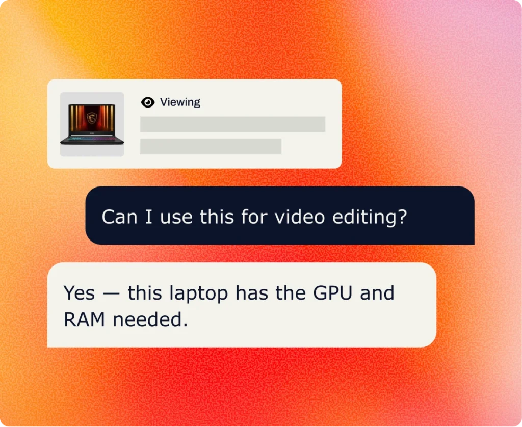 Cimulate co-pilot cross site awareness recognizes the shopper is asking if the laptop they are looking at can be used for video editing