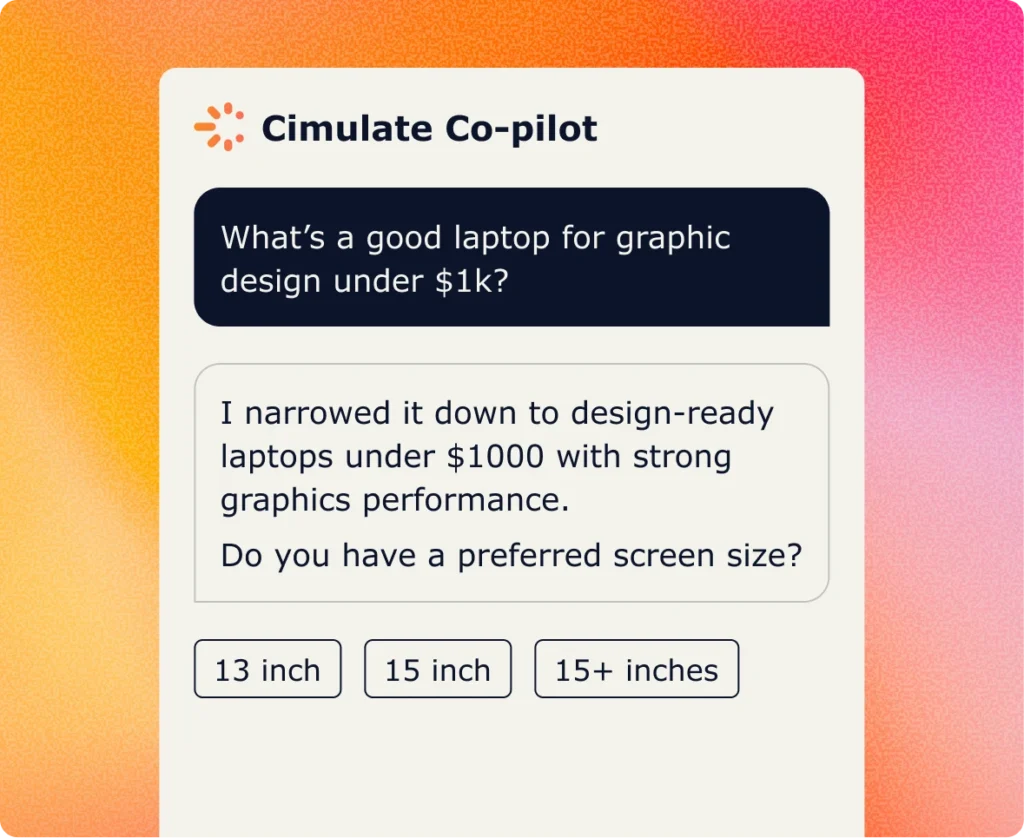 Cimulate co-pilot responds to "What's a good laptop for graphic design under $1k" with conversational language